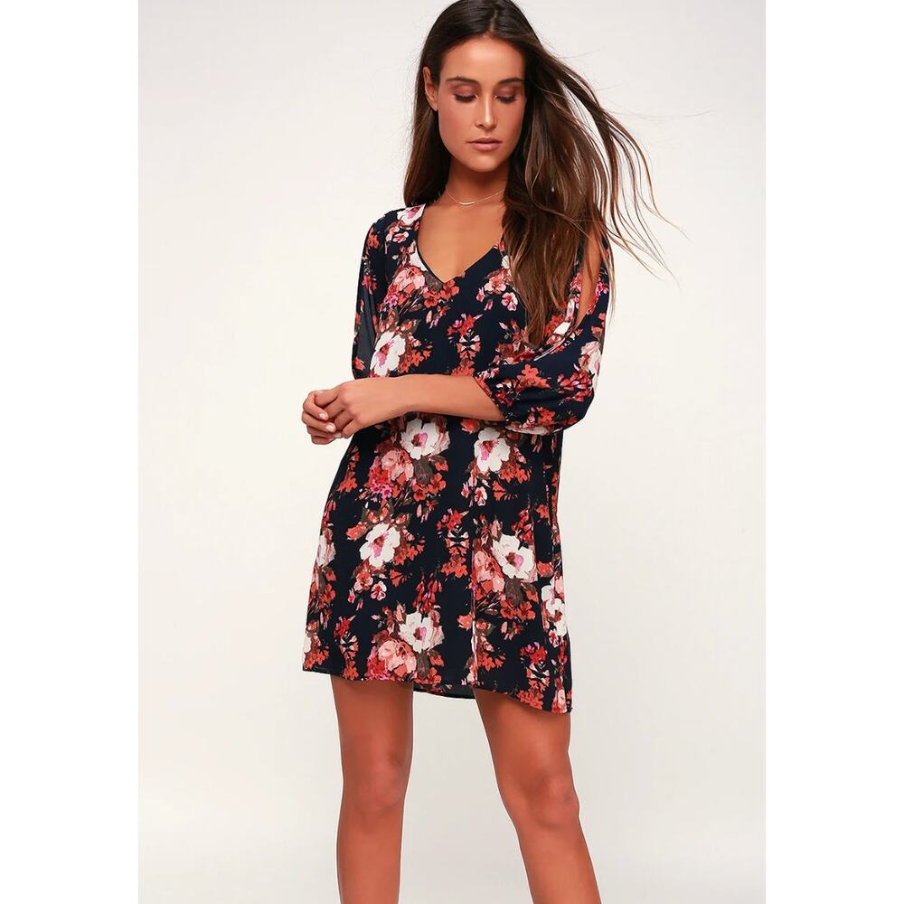Lulus Dress Womens X Small Shifting Dears Navy Blue Floral Print Mini - Picture 1 of 12